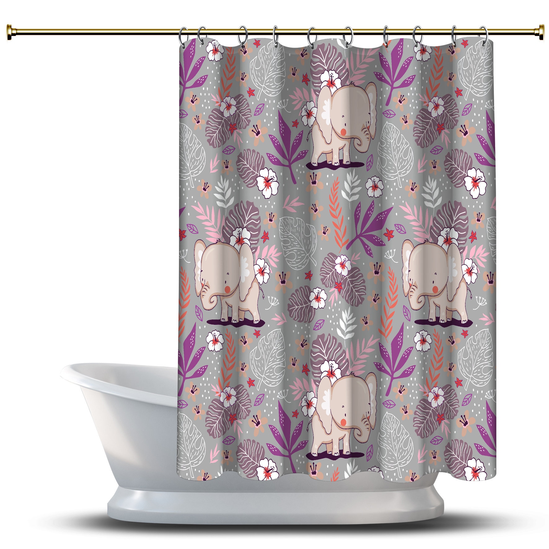 Cute Elephant Flowers Shower Curtain - Purple Bathroom Decor