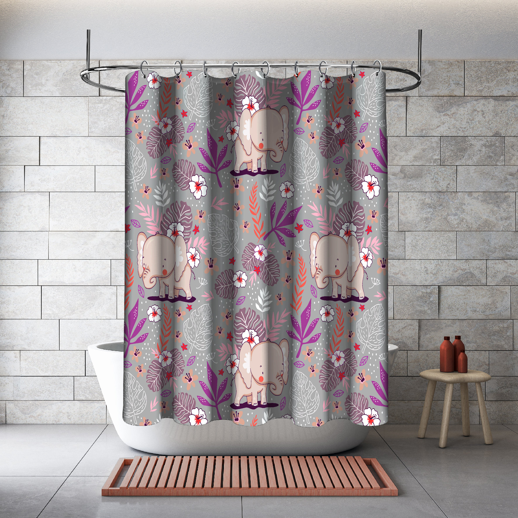 Cute Elephant Flowers Shower Curtain - Purple Bathroom Decor