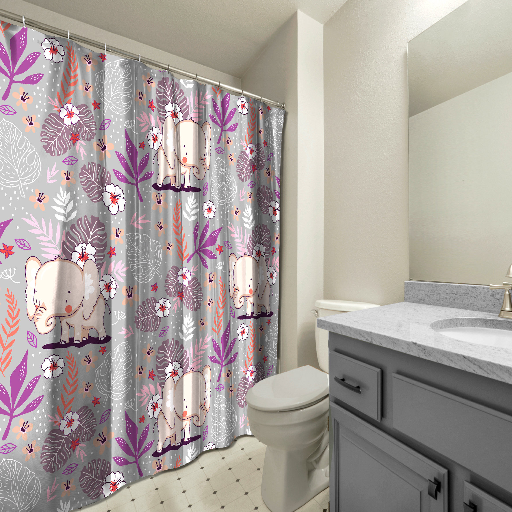Cute Elephant Flowers Shower Curtain - Purple Bathroom Decor