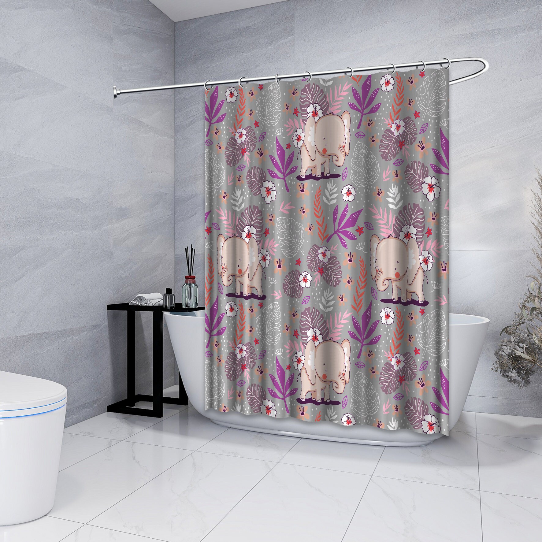 Cute Elephant Flowers Shower Curtain - Purple Bathroom Decor