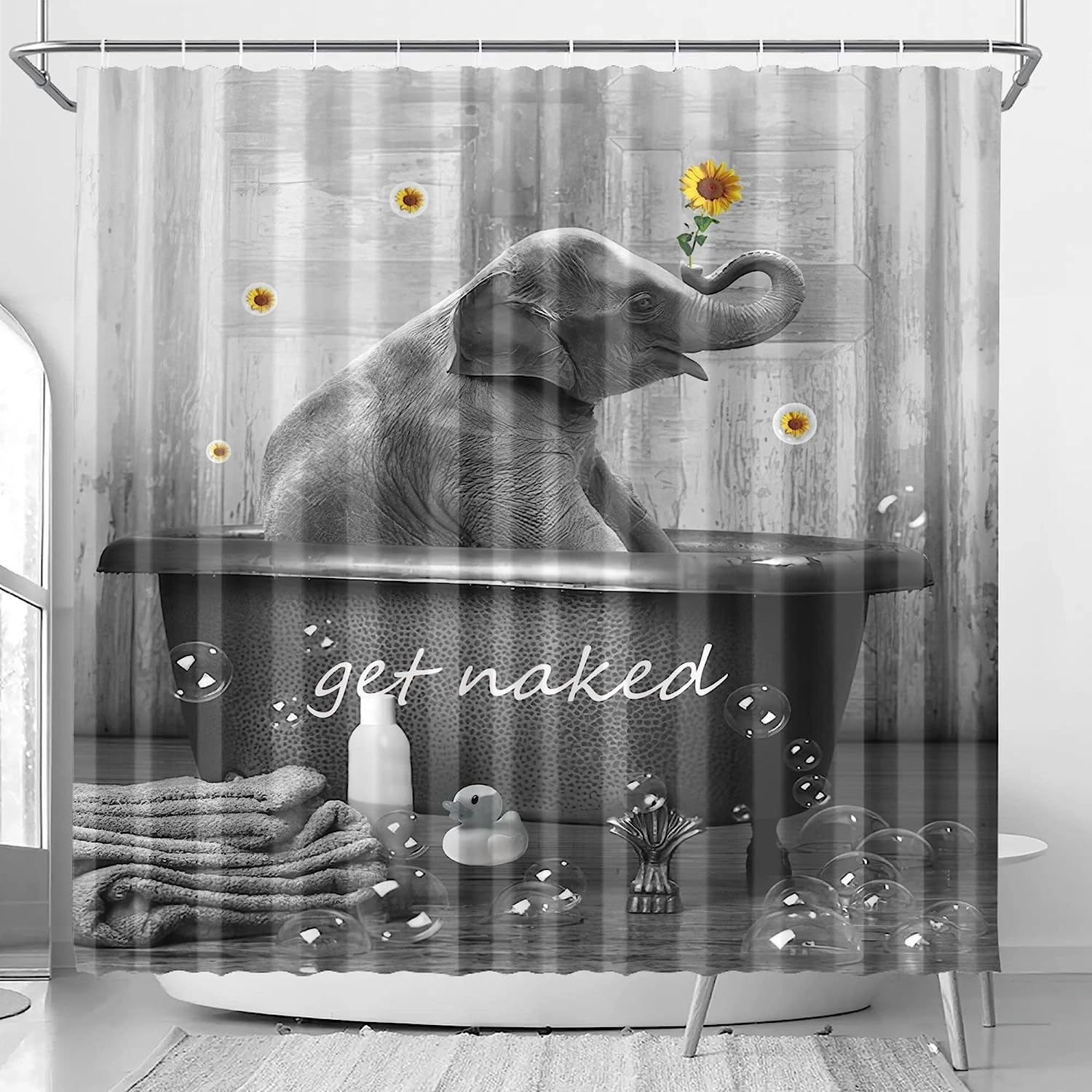 Cute Elephant In Bathtub Sunflower Shower Curtain