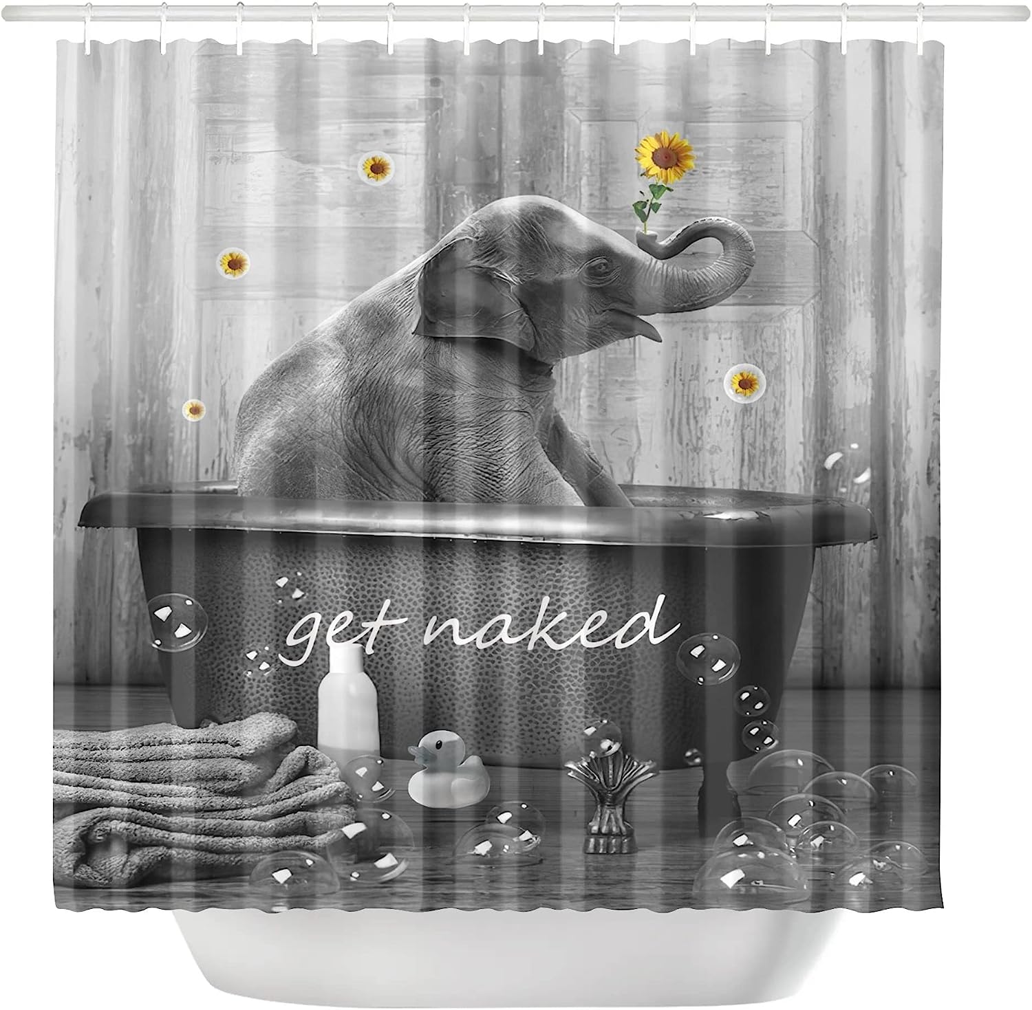 Cute Elephant In Bathtub Sunflower Shower Curtain