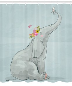Cute Elephant Nursery Shower Curtain With Mouse Friends Print For Your Bathroom