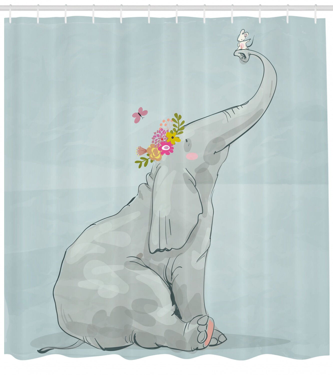 Cute Elephant Nursery Shower Curtain With Mouse Friends Print For Your Bathroom