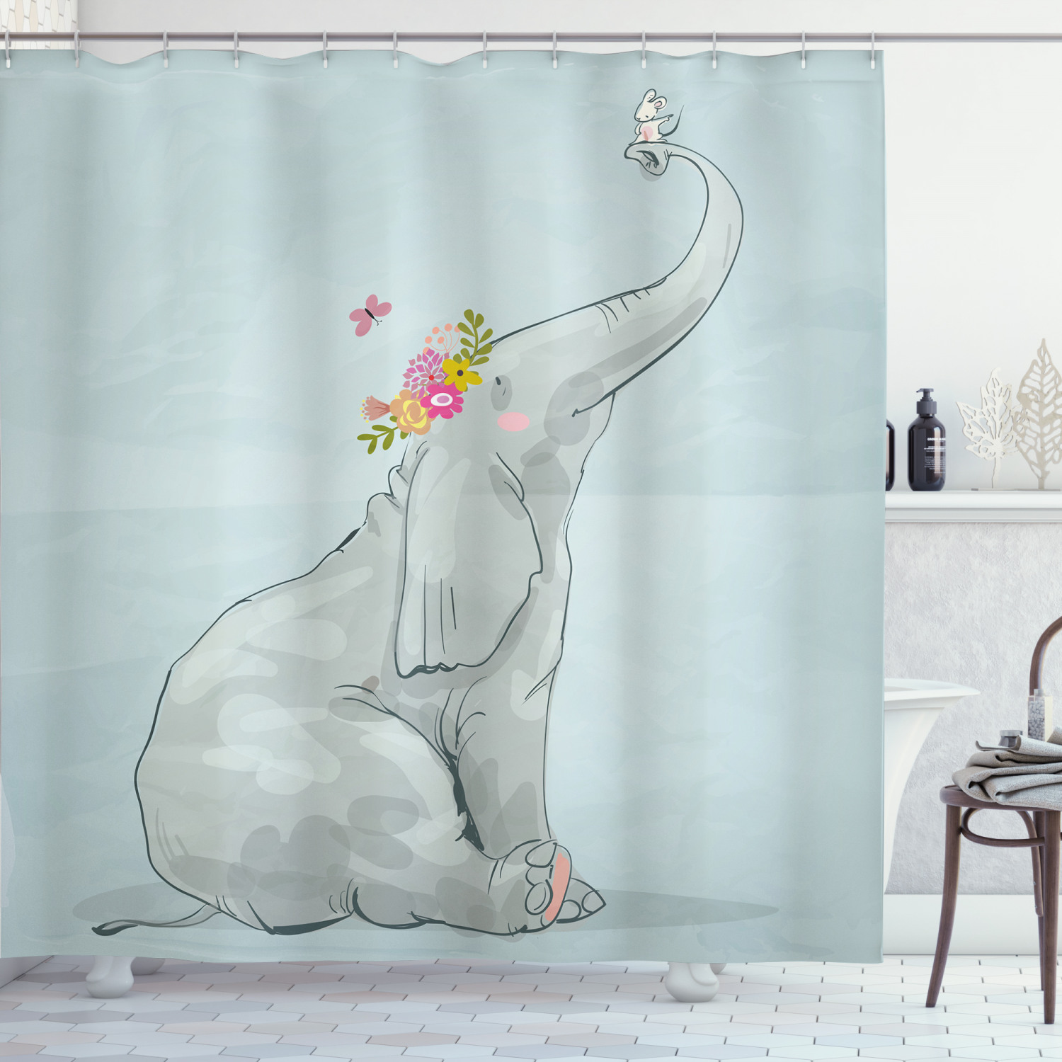 Cute Elephant Nursery Shower Curtain With Mouse Friends Print For Your Bathroom