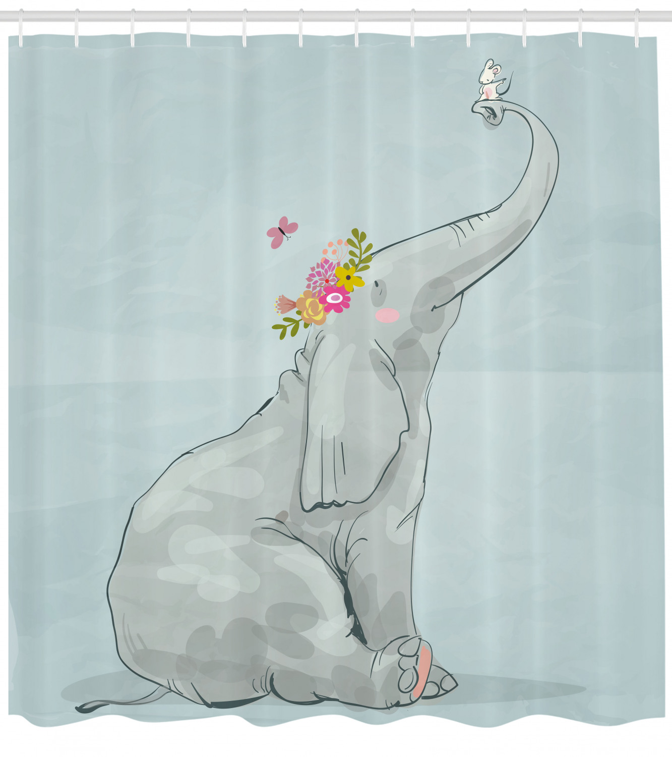 Cute Elephant Nursery Shower Curtain With Mouse Friends Print For Your Bathroom