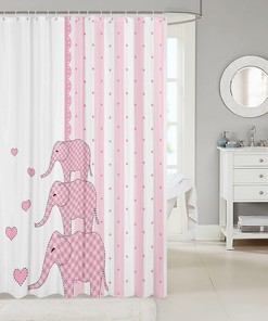 Cute Elephant Pink Stripe Print Shower Curtain for Kids Girls Teen Room Decoration