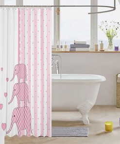 Cute Elephant Pink Stripe Print Shower Curtain for Kids Girls Teen Room Decoration