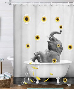 Cute Elephant and Sunflower Print Shower Curtain, Gray Modern Artwork for Kids Bathroom Decor by VeiVian