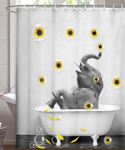 Cute Elephant and Sunflower Print Shower Curtain, Gray Modern Artwork for Kids Bathroom Decor by VeiVian