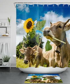Cute Farmhouse Funny Cow Sunflower Shower Curtain For Bathroom 