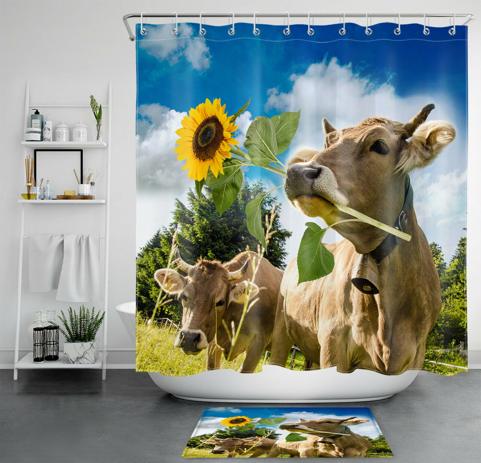 Cute Farmhouse Funny Cow Sunflower Shower Curtain For Bathroom