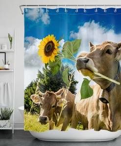 Cute Farmhouse Funny Cow Sunflower Shower Curtain For Bathroom