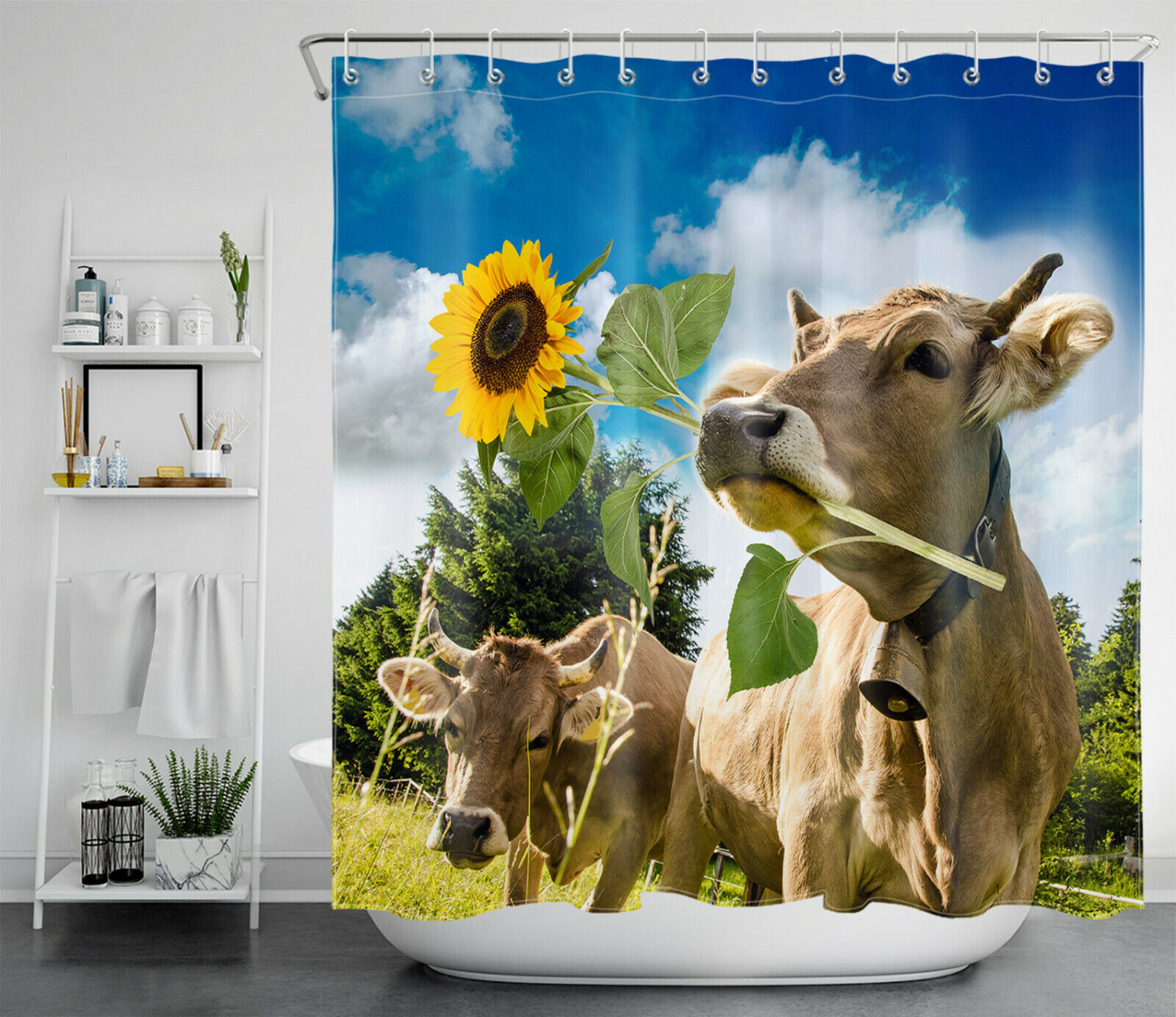 Cute Farmhouse Funny Cow Sunflower Shower Curtain For Bathroom