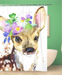 Cute Fawn Deer with Watercolor Forest Animals Artistic Style Shower Curtain, Waterproof Bathroom Decor Curtain