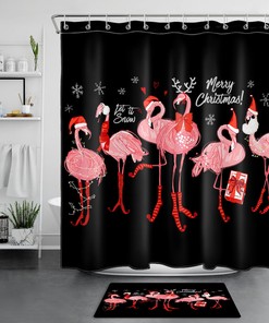 Cute Flamingo and Snowflake Merry Christmas Print Shower Curtain Bathroom Decor
