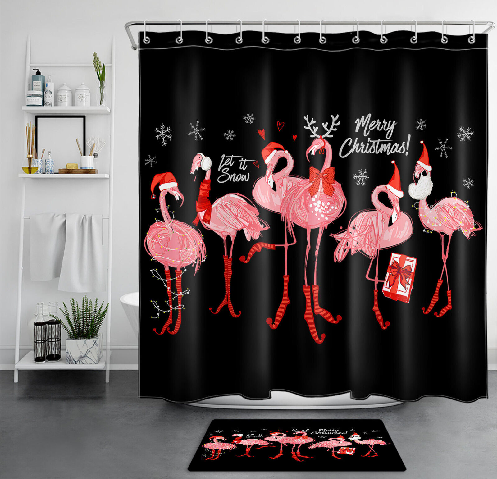 Cute Flamingo and Snowflake Merry Christmas Print Shower Curtain Bathroom Decor