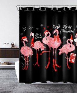 Cute Flamingo and Snowflake Merry Christmas Print Shower Curtain Bathroom Decor