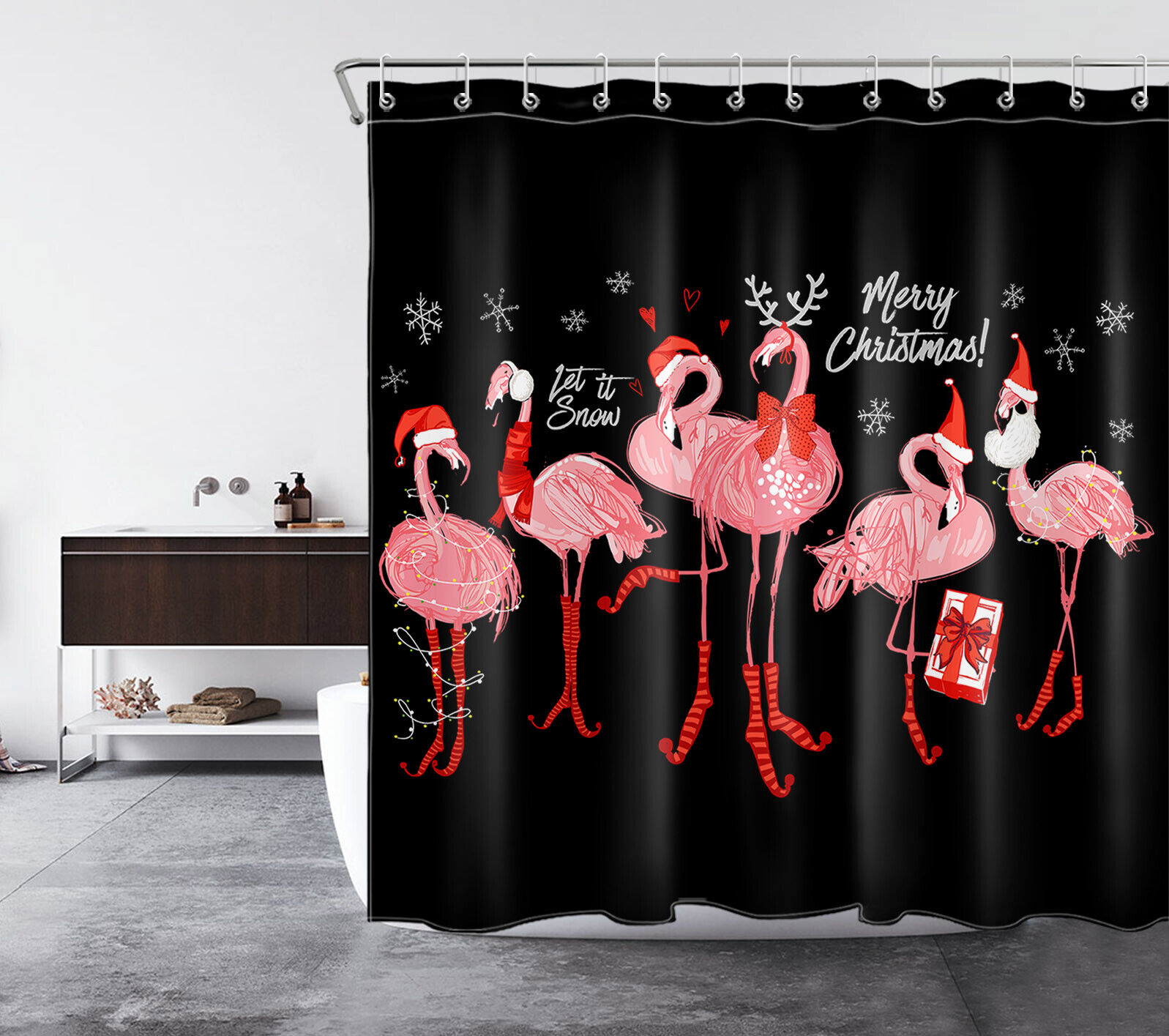 Cute Flamingo and Snowflake Merry Christmas Print Shower Curtain Bathroom Decor