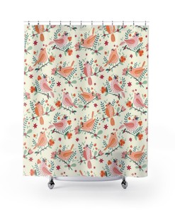 Cute Floral Botanical Birds Shower Curtain, Waterproof Fabric, Home Decor Gift