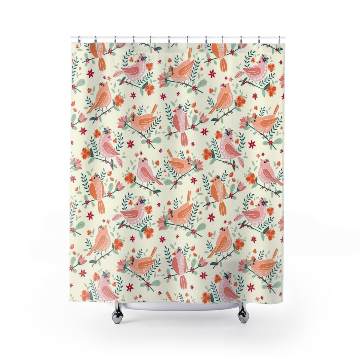 Cute Floral Botanical Birds Shower Curtain, Waterproof Fabric, Home Decor Gift
