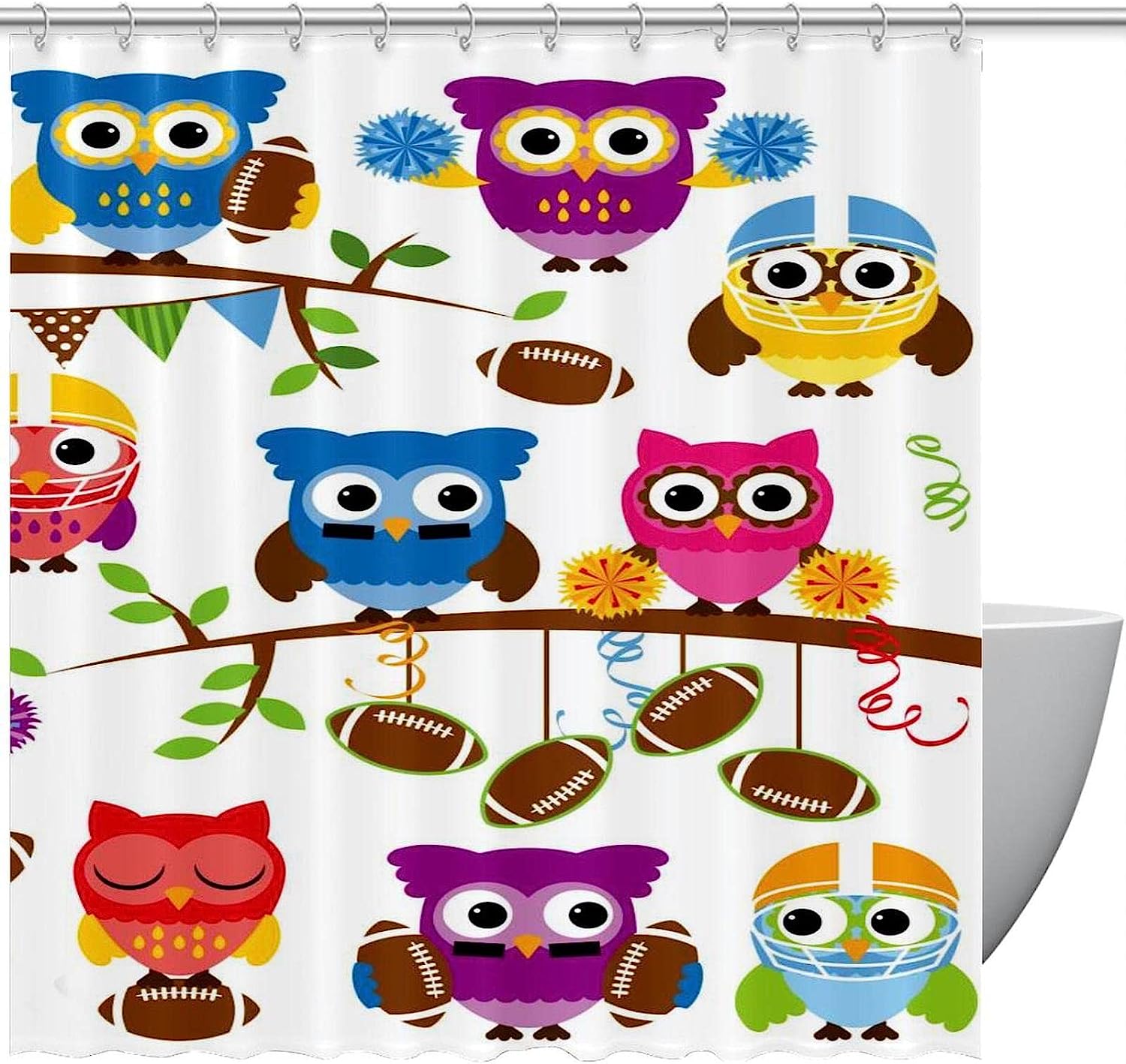 Cute Football Animal Owl Shower Curtain for Sporty Bathroom Decor