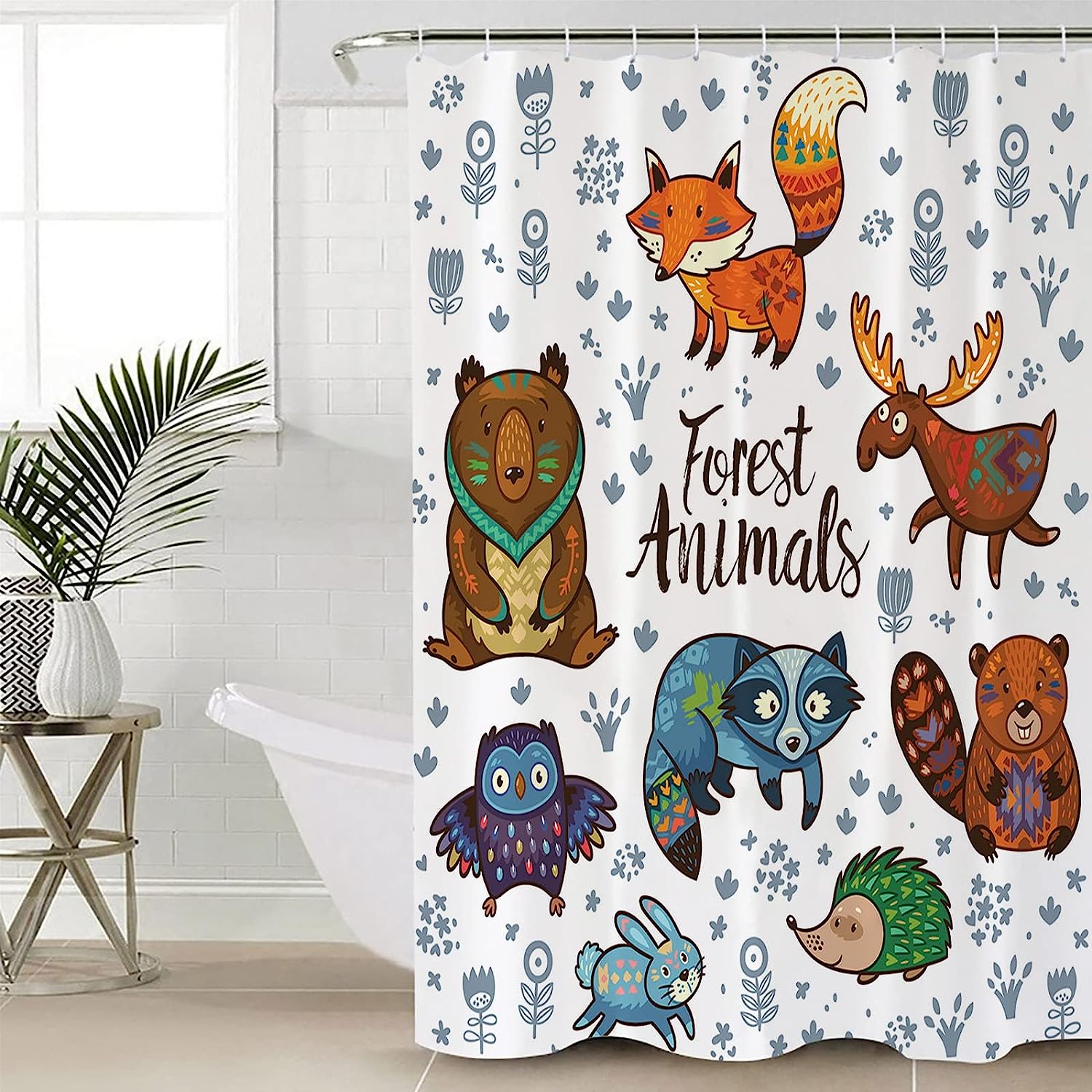 Cute Forest Animals Linen Shower Curtain for Bathroom