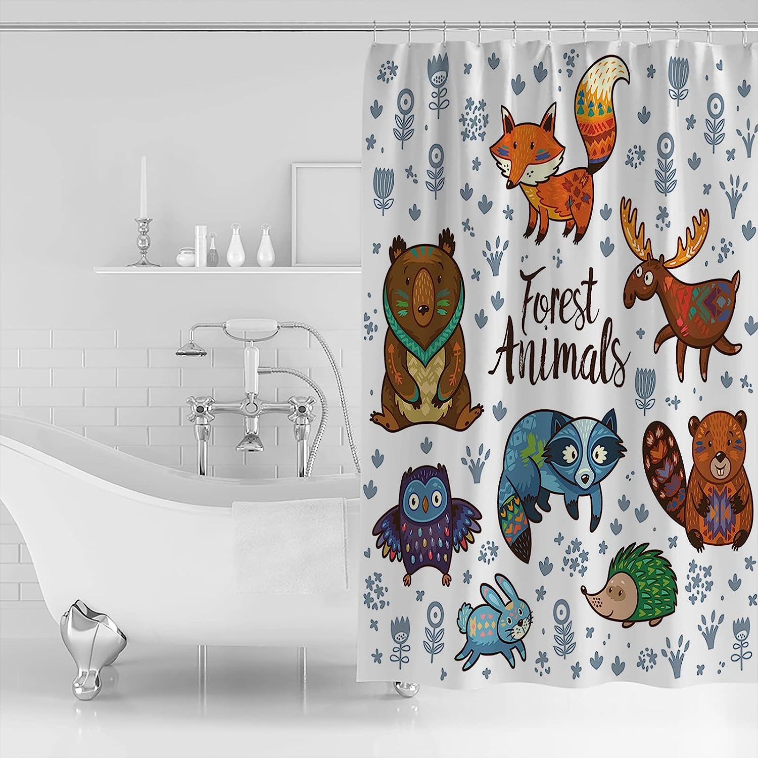 Cute Forest Animals Linen Shower Curtain for Bathroom