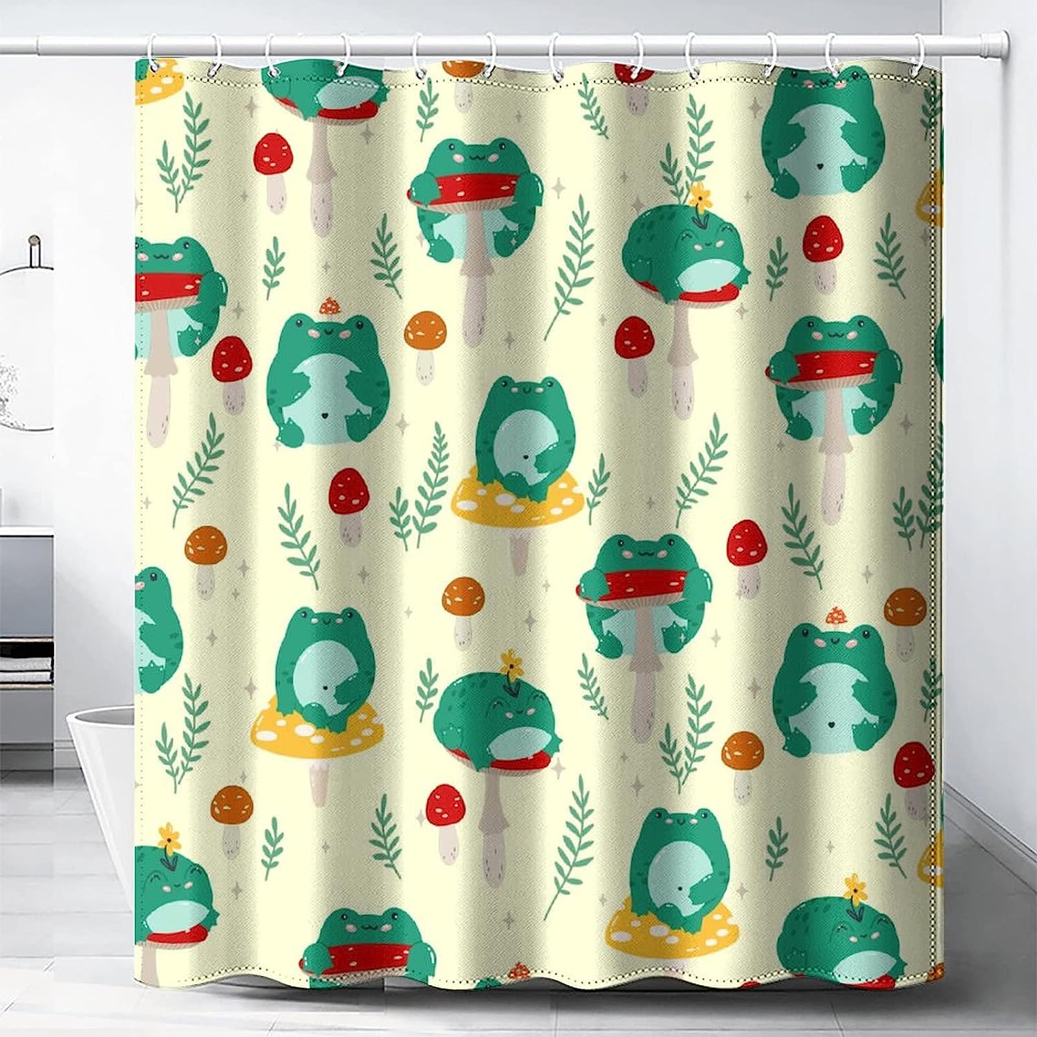 Cute Forest Mushroom Leaves Frogs Print Shower Curtain for Bathroom