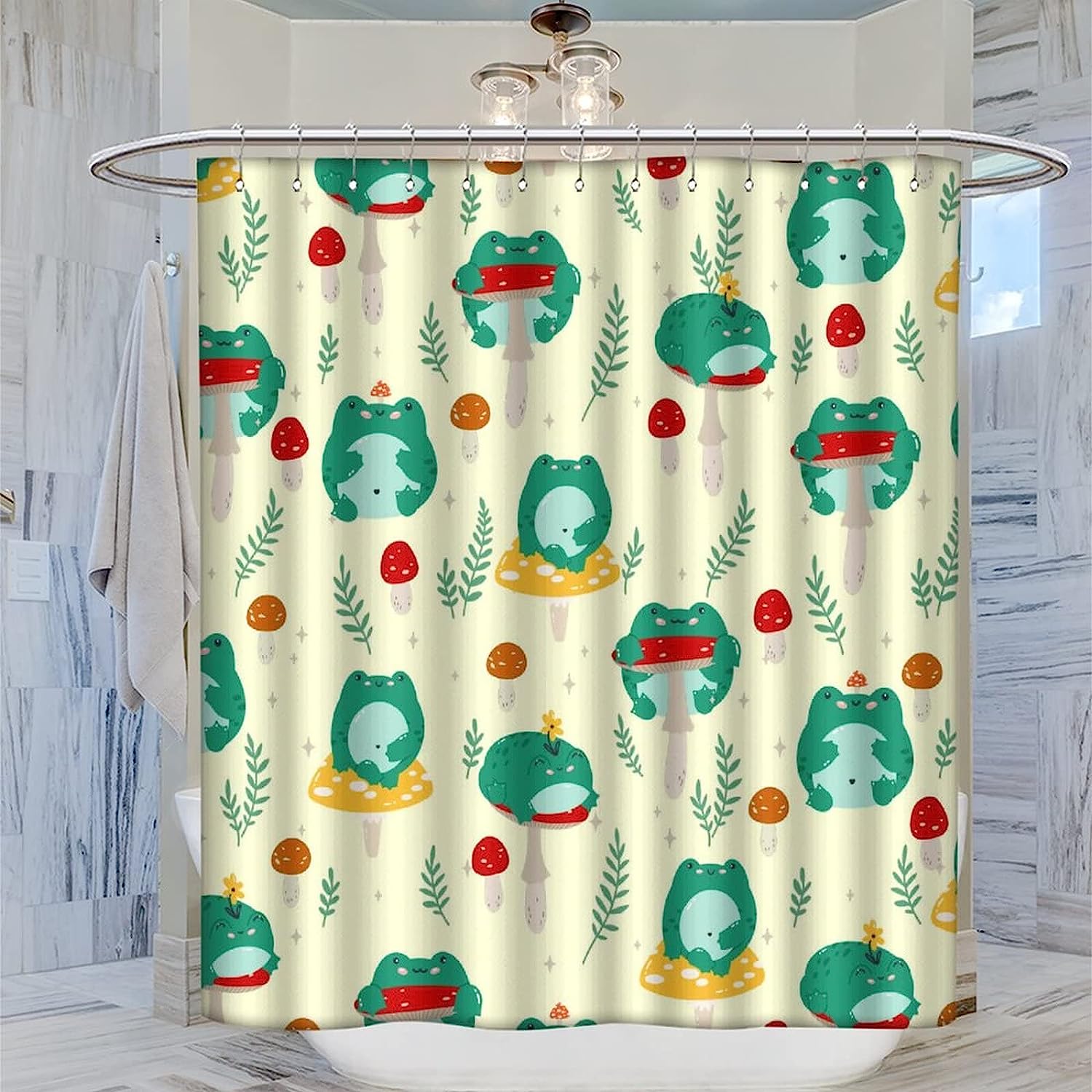 Cute Forest Mushroom Leaves Frogs Print Shower Curtain for Bathroom