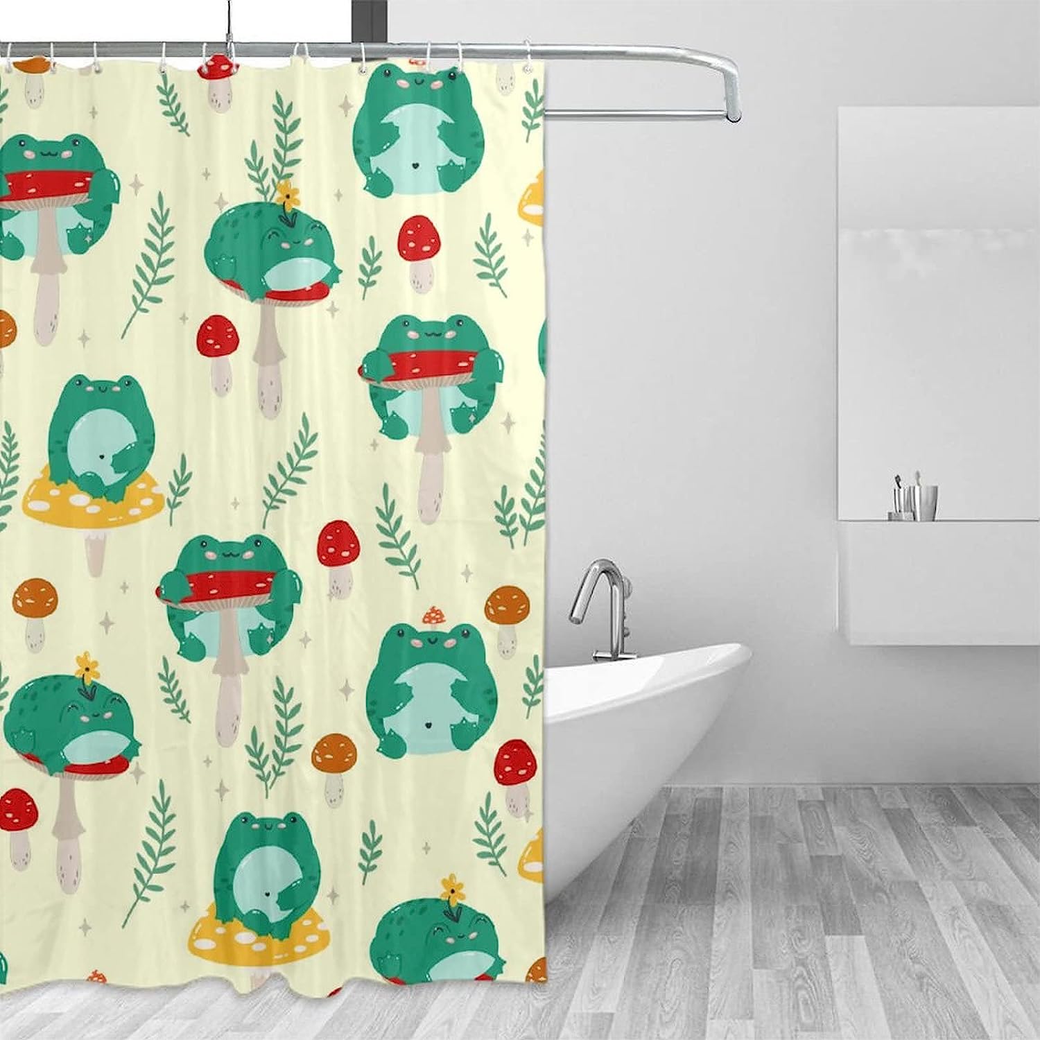 Cute Forest Mushroom Leaves Frogs Print Shower Curtain for Bathroom