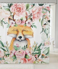 Cute Forest Wildlife Flower Cartoon Bathroom Curtain for Kids Boys Girls Room Decor