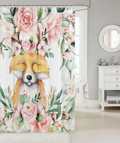 Cute Forest Wildlife Flower Cartoon Bathroom Curtain for Kids Boys Girls Room Decor