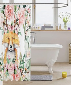 Cute Forest Wildlife Flower Cartoon Bathroom Curtain for Kids Boys Girls Room Decor