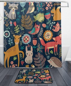 Cute Fox Frog Owl Print Shower CurtainWoodland Animals Bathroom Decor for Women & Kids