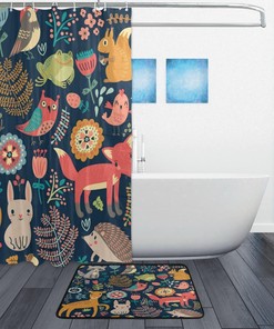 Cute Fox Frog Owl Print Shower CurtainWoodland Animals Bathroom Decor for Women & Kids