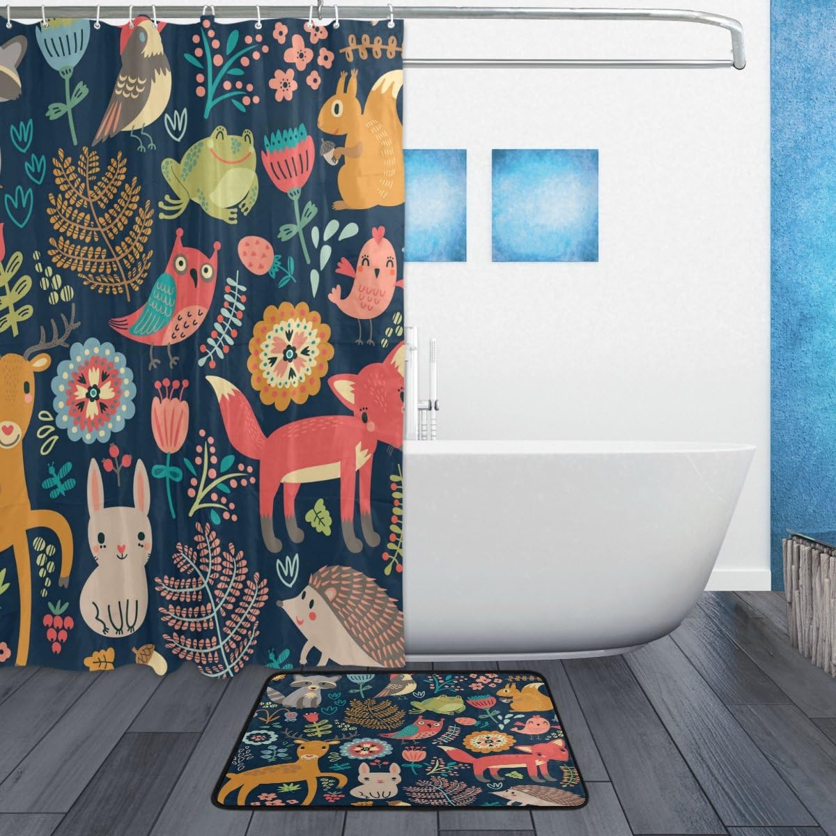 Cute Fox Frog Owl Print Shower CurtainWoodland Animals Bathroom Decor for Women & Kids