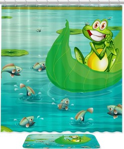 Cute Frog And Pond Fishes Waterproof Shower Curtain - A Fun Addition To Kids' Bathroom