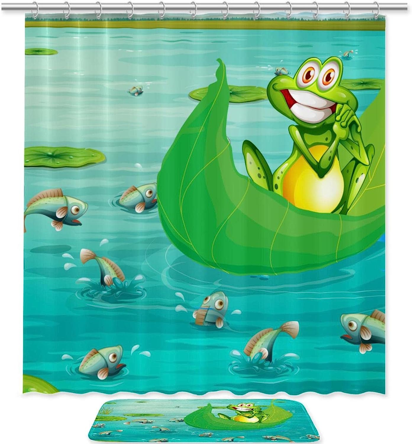 Cute Frog And Pond Fishes Waterproof Shower Curtain - A Fun Addition To Kids' Bathroom