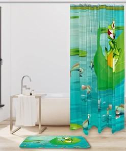 Cute Frog And Pond Fishes Waterproof Shower Curtain - A Fun Addition To Kids' Bathroom