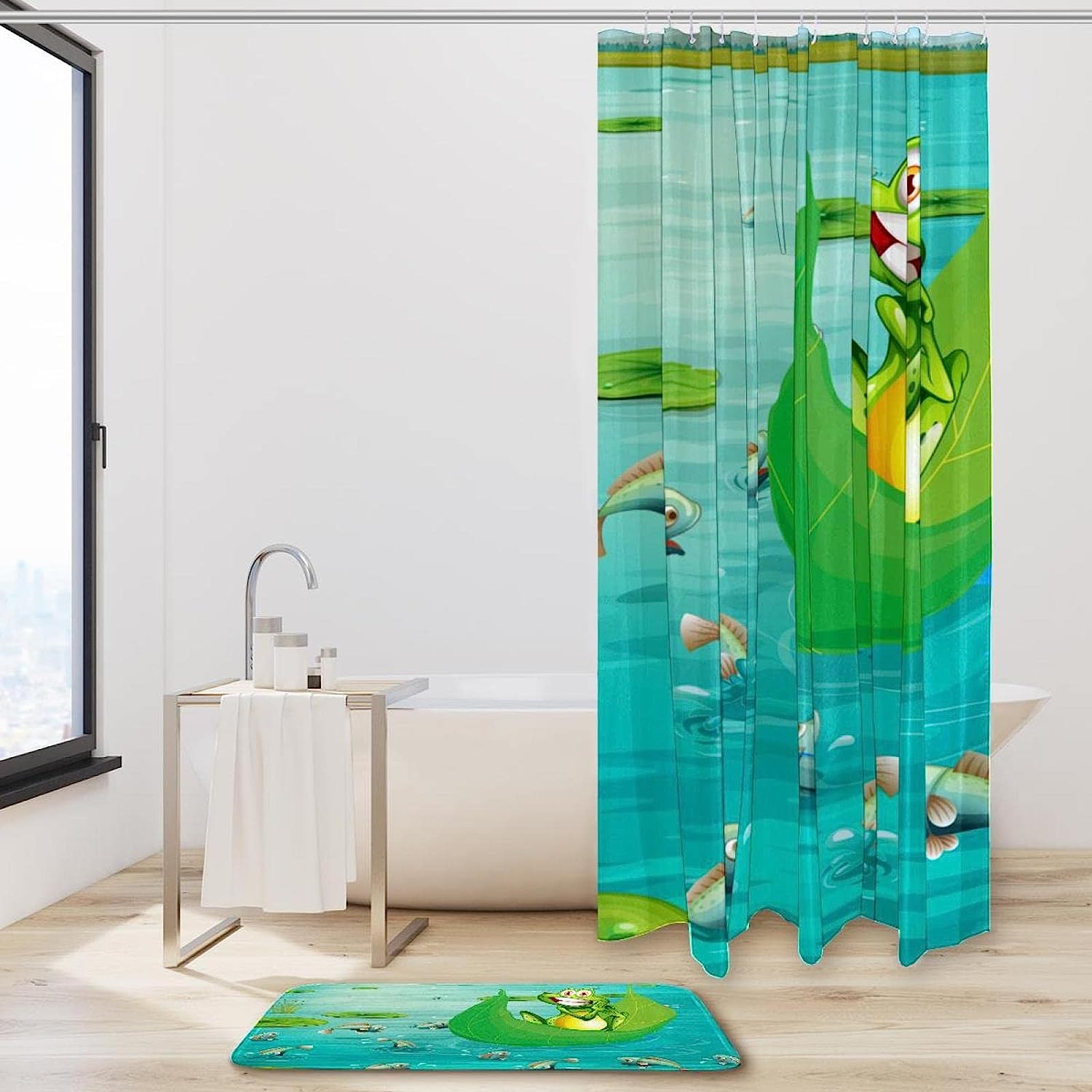 Cute Frog And Pond Fishes Waterproof Shower Curtain - A Fun Addition To Kids' Bathroom