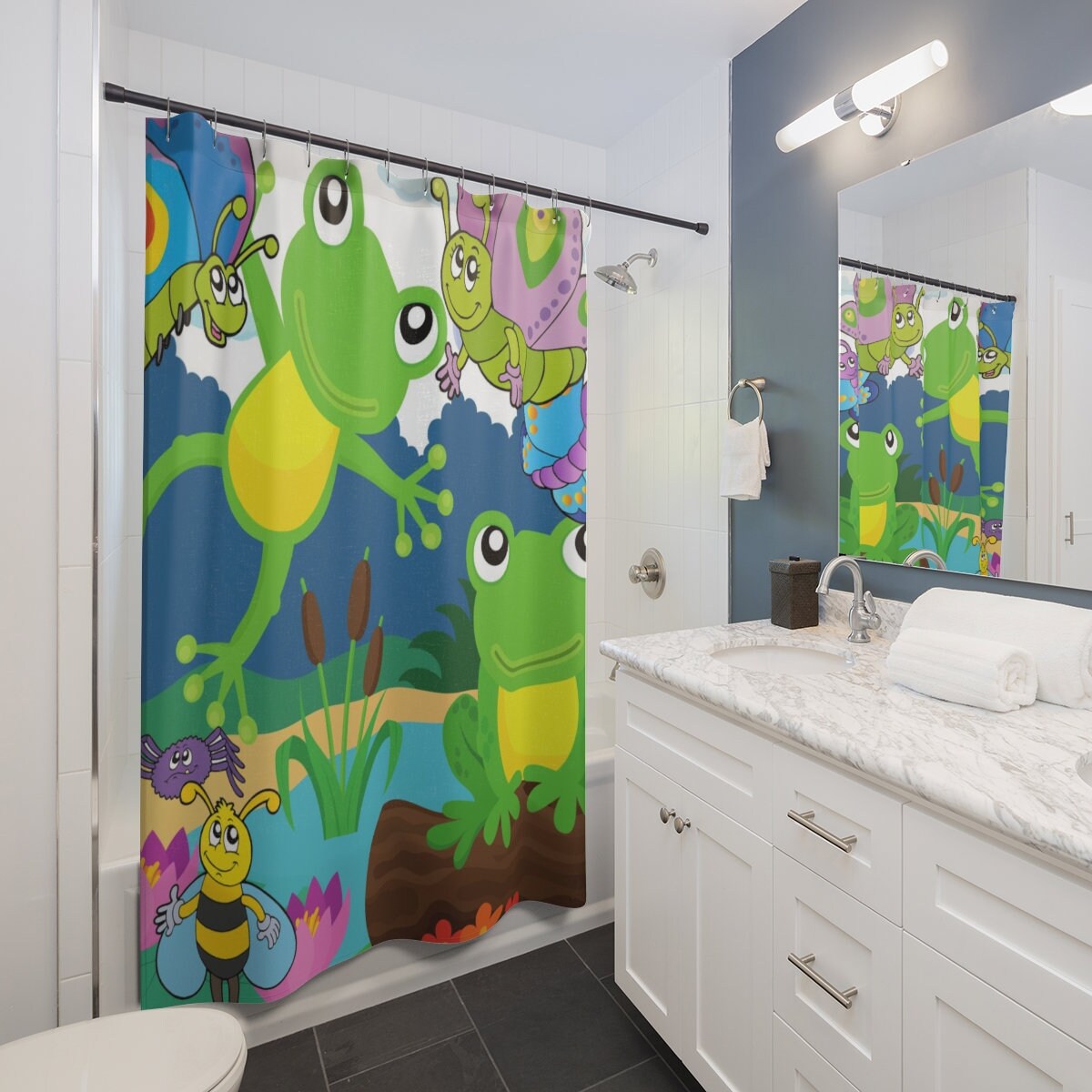 Cute Frogs Design Shower Curtain - Lovely Patterns For Kids Bathroom - Image 2