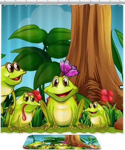 Cute Frogs Sitting On Green Grass, Waterproof Bathroom Shower Curtain