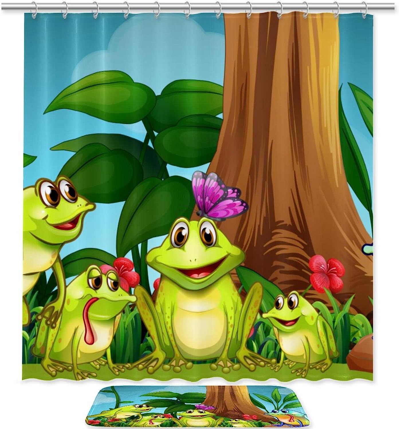 Cute Frogs Sitting On Green Grass, Waterproof Bathroom Shower Curtain