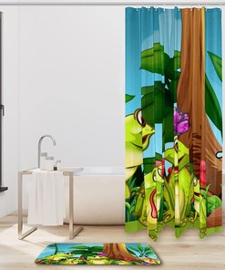 Cute Frogs Sitting On Green Grass, Waterproof Bathroom Shower Curtain