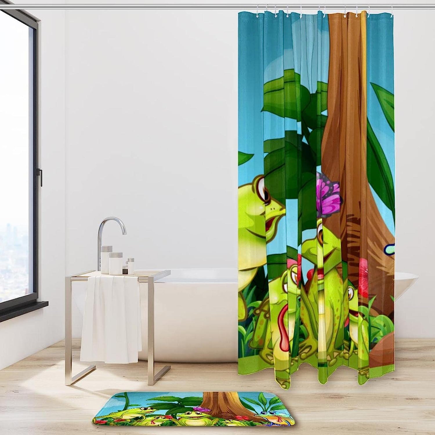 Cute Frogs Sitting On Green Grass, Waterproof Bathroom Shower Curtain