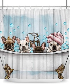 Cute Funny Dog Shower Curtain for Kids with Teal Blue Bathtub Print