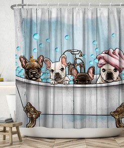 Cute Funny Dog Shower Curtain for Kids with Teal Blue Bathtub Print