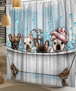 Cute Funny Dog Shower Curtain for Kids with Teal Blue Bathtub Print