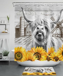 Cute Funny Sunflower Highland Cow Shower Curtain for A Cute Farmhouse Bathroom Look